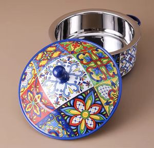 Casserole ronde en acier inoxydable de luxe, style mosaïque méditerranéenne, avec couvercle à motifs de carreaux vibrants, pour la restauration professionnelle - Product Image 1