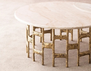 Mesa de centro de latón fundido con acabado travertino, mesa de centro geométrica moderna, mueble de diseño para sala de estar, mesa auxiliar contemporánea con detalles en latón - Product Image 2