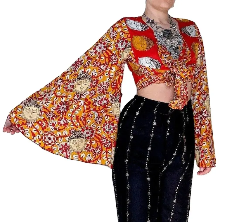 Kualitas Super sutra Bell lengan mengikat bungkus atas tari perut kostum Crop Top blus 60s 70s Festival pakaian Boho Gypsy