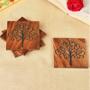 <b>Round</b> Acacia Coaster Set 5mm Thick Reusable Non-Slip Modern Design <b>Mats</b> & Pads 300mm Diameter Set of 4 Pcs - Product Image 5