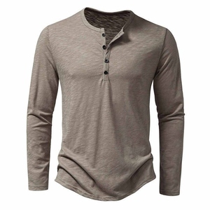 Camiseta de algodón para hombre con cuello de botones, manga larga, informal, con botones, color sólido, a la moda, para primavera y otoño, estilo vintage - Product Image 3