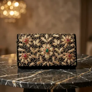 Gulnaar Garden Zardozi Embroidered Evening <b>Clutch</b> Satin Lined Party <b>Bag</b> Floral Square Rhinestone Crystal Brass Pearl Chain - Product Image 6
