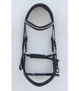 Black Bull/vaca couro cavalo Bridle com acolchoado Clear Crystal Brow Band & Drop V Forma Noseband