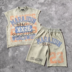 Streetwear Custom Dtg Printing Raw Hem <b>Distressed</b> Graphic Acid Wash Sleeveless T Shirt and Sweat Shorts Set tank <b>Top</b> Men - Product Image 1