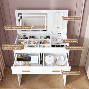 Flip Top LED Lighted Vanity <b>Desk</b> with Built-in Outlet 2 <b>Drawers</b> Open Storage Hooks-Wood Makeup Vanity Table for Dressing - Product Image 6