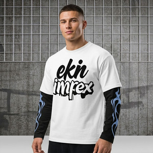 Wholesale Custom Streetwear Oversized Two Piece Long Sleeve T <b>Shirt</b> Men Hip Hop <b>Flame</b> Print Layered Sweatshirt - Product Image 3