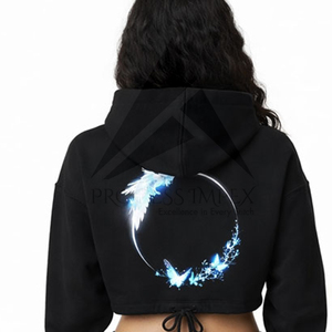 Women's <b>Black</b> Cropped Hoodie With Blue <b>Wings</b> Print Casual Cotton Sweatshirt Front Logo Pockets Autumn Wear - Product Image 4
