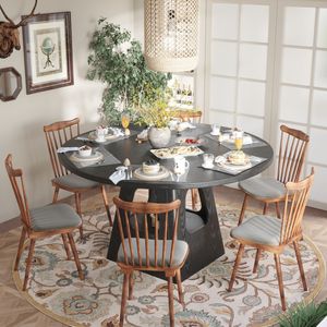 Tavolo da Pranzo Rotondo Stile Fattoria da 47 Pollici con Piano in Legno e Base con Vano Portaoggetti per Cucina o Sala Colazione - Product Image 1