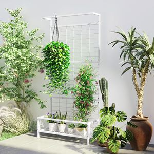 Soporte de Metal Blanco para Plantas de 36 x 12.8 x 74 Pulgadas de Alto con Enrejado y Barra para Colgar, para Interiores y Exteriores, Suministros de Jardín, Soporte para Plantas - Product Image 2