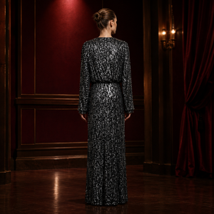 Robe de soirée noire à paillettes pour femmes |   Robe de soirée longue à manches longues et col en V, élégante, pour invitées de mariage, tenue de luxe - Product Image 2