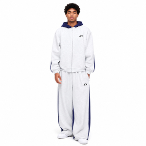 Fournisseur de survêtements pour hommes en molleton de coton épais, bicolores, avec sweat à capuche zippé et pantalon de survêtement à jambes larges, vente en gros - Product Image 1