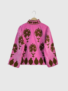 Pink <b>Velvet</b> Embroidered Mandarin Collar Blazer Full Sleeve Hand Embroidery Pattern Women's Spring Jacket Bohemian Cotton Lining - Product Image 2