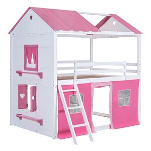 Elegante Letto a Castello in Legno Rosa e Bianco con Finestre e Tenda per Bambini - Product Image 6