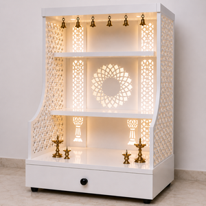 Modern Om Jali Teak Wood <b>Mandir</b> LED Lighting Luxury White Pooja Drawer Handcrafted Home Furniture Prayer Cabinet USA - Product Image 1