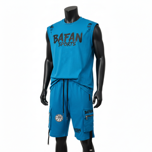 Conjunto de camiseta sin mangas y pantalones cortos para hombre, mezcla de algodón premium, felpa francesa, bolsillo cargo, estampado personalizado. - Product Image 4