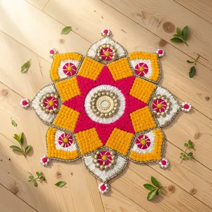 Tapis Rangoli traditionnel en métal fait main avec motif pompon rose, jaune et blanc pour la décoration de mariage et de festival - Product Image 4