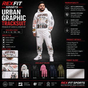 REXFITSPORTS 2026 Ensemble sweat à capuche et pantalon de jogging pour homme, blanc, motif graphique, 280-300 GSM, en molleton de coton et polyester, fermeture éclair intégrale, style streetwear - Product Image 1