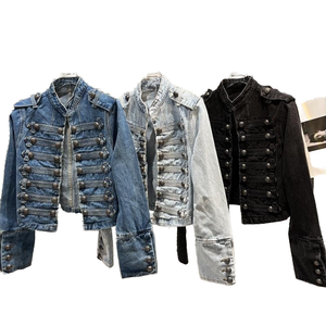 Women's Denim Jacket Eco-Friendly Breathable Contrast Color Shoulder Patches <b>Button</b> Front Long Sleeve - Product Image 1