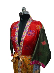 Kimono de verano de lujo para cubrir el bikini, bata larga de noche, Kimono Sari de seda reciclado vintage indio hecho a mano, - Product Image 4