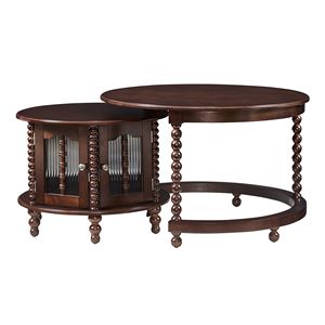 Tavolino da Caffè Rotondo Vintage Fatto a Mano con Sei Ante in Vetro a Forma di Bambù, Gambe Retro con Perline, Noce, 80 cm, Set con Dettagli in Ottone - Product Image 2