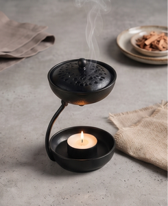 Porta Incienso de Metal Negro de Dos Niveles, Calentador de Aceite, Soporte para Velas, Tapa de Cúpula Perforada, Regalo de Aromaterapia - Product Image 5