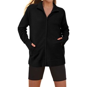 Pulls à col montant zippés à manches longues pour femmes, automne 2025, décontractés, amples, en tricot côtelé, avec trous pour les pouces, veste d'automne - Product Image 6