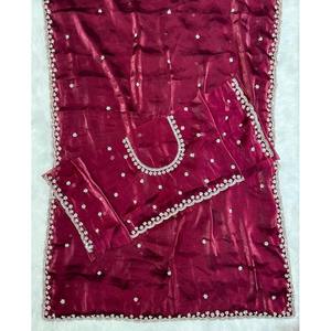 ผ้าไหมแฟนซีปักลายด้วยมือพร้อมเสื้อเบลาส์แบบยังไม่เย็บสีมารูน - Product Image 1