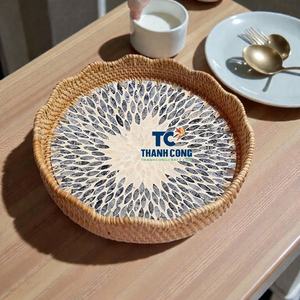 Plateau de service en rotin à double niveau prêt à la vente, en nacre, de qualité supérieure, écologique, décoration de salon, design moderne - Product Image 1