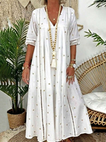 Robe longue maxi pour femme grande taille, blanche, à étoiles dorées, col en V, manches courtes, coupe droite, style bohème, kaftan de vacances, longueur ras du sol, vente en gros, personnalisable