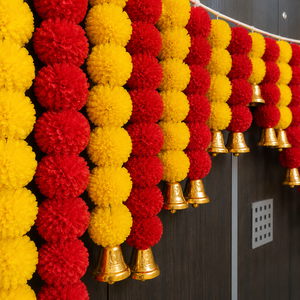 Red Yellow Marigold Toran Golden Bells Ganesha Idol Eco-Friendly Plastic Handmade Multi-Functional Puja Backdrop Home Decor - Product Image 4