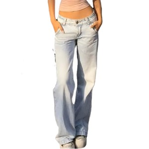 Jean en denim délavé coupe droite pour femme, taille mi-haute, coupe ample, longueur intégrale, style décontracté, bleu clair, en coton respirant - Product Image 1