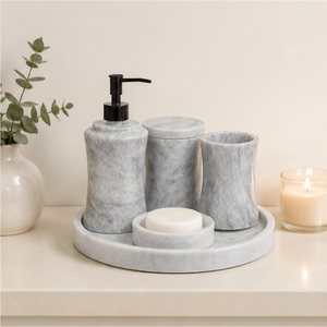 Ensemble d'accessoires de salle de bain en marbre gris naturel de luxe, ensemble de bain en pierre fait main avec distributeur de savon, plateau et porte-brosse à dents - Product Image 4