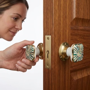 Modern Square Porcelain Cabinet <b>Knobs</b> with Green Floral Design <b>Gold</b> Trim for Kitchen Bedroom & Living Room Furniture Handles - Product Image 4