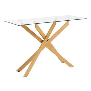 Mesa de Centro Moderna Rectangular de Vidrio con Patas Cruzadas de Hierro, Diseño Geométrico Dorado, Tapa de Vidrio Templado, Mesa Auxiliar para Sofá, Escritorio Consola - Product Image 1