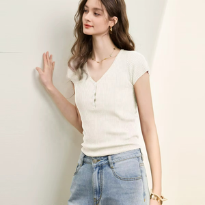 เสื้อแขนสั้นลำลองสำหรับผู้หญิง สไตล์พังก์ ผ้าไหม/ผ้าฝ้ายผสม คอวี กระดุมหน้า ระบายอากาศได้ดี ทรงเข้ารูป สำหรับฤดูร้อน - Product Image 4