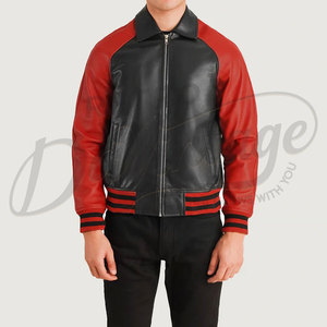 Chaqueta Bomber de Cuero Genuino Bicolor Negro y Rojo para Hombre con Cuello Camisero Clásico y Puños Acanalados a Rayas - Product Image 3