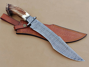 Couteau de chasse à lame fixe en acier Damas personnalisé, pointe clip, bord droit, avec manche en corne de cerf et étui en cuir, pour survie en extérieur - Product Image 3