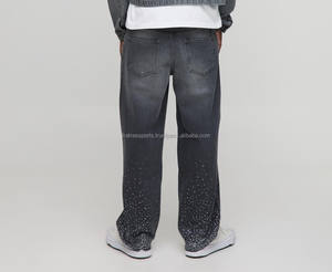 Pantalon en jean de qualité supérieure avec strass jean sale lavé à la clientèle jean ample unisexe à jambe droite en gros - Product Image 3