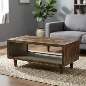 Table basse en bois rustique avec étagère ouverte et finition naturelle pour le rangement dans le salon - Product Image 4