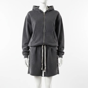 Ensemble sweat à capuche zippé et short en coton épais délavé à l'acide, coupe courte et ample, style streetwear unisexe, vente en gros personnalisée - Product Image 6