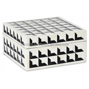 Handmade Luxurious Geometric Bone Inlay Wood and MDF Jewelry <b>Boxes</b> Square Storage and Gift Pouch Simply Elegant - Product Image 1