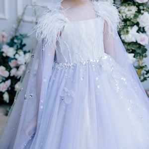 ชุดเดรสเด็กผู้หญิงสำหรับงานเลี้ยงเทพนิยาย งานแต่งงาน งานวันเกิด งานพิเศษ ดีไซน์หรูหราแบบราชวงศ์ ประดับดอกไม้ ผ้าทูลล์ ปักลูกปัด สีฟ้า-เดรส - Product Image 3