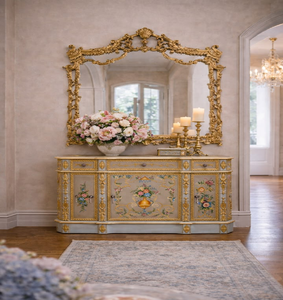 Vintage metallic silver curved wooden dresser <b>table</b> featuring <b>gold</b> details and frame mirror, available at wholesale prices. - Product Image 3