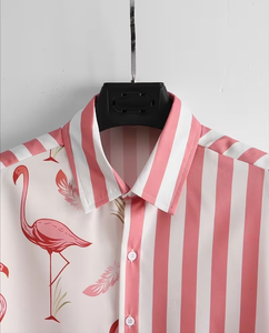Pink Flamingo Print Polyester/Cotton Slight Stretch Short Sleeve Shirt with Matching Shorts Set for Boys Casual Wear - Product Image 3