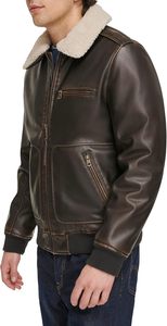 Blouson aviateur en cuir de vachette marron pour homme avec col en fourrure de mouton, fermeture éclair, coupe classique, style moto d'hiver - Product Image 5