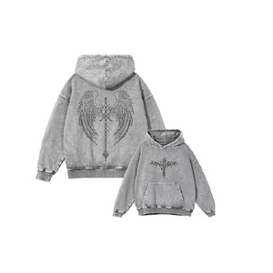 Sudadera con Capucha Aicd Wash con Estampado Gráfico Gótico, Sudadera Oversize con Estampado de Calavera y Alas, Estilo Grunge, Corte Casual - Product Image 1