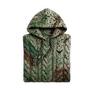 Sweat à capuche vert et marron en tricot torsadé, motif éclaboussures de peinture, cordons tressés, poche kangourou, poignets côtelés, streetwear, pull décontracté - Product Image 4