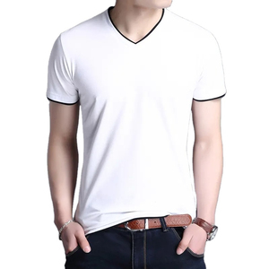 T-shirt d'été pour homme en coton tricoté de haute qualité, 100 % coton, col en V, manches courtes, avec bordure contrastée, couleur unie, écologique, col en V profond - Product Image 1