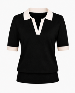 Camiseta de Punto de Algodón 100% Transpirable para Mujer, Manga Corta, Cuello en Contraste, Cuello en V, Dobladillo Acanalado, Informal, para Oficina, Verano, OEM Personalizado - Product Image 5