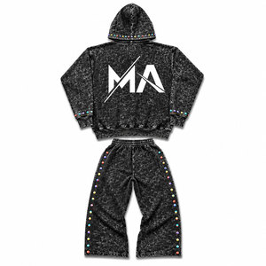 Conjunto Deportivo para Hombre, Negro, Lavado Ácido, con Capucha, Manga Larga, 100% Algodón, Sudadera con Pedrería, 450 Gsm, Estilo Urbano Informal - Product Image 5